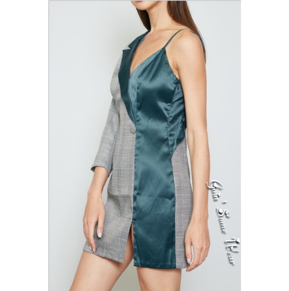 One Shoulder Sleeve Contrast Green Grey Mini Dress Sizes Small Medium Large - Picture 3 of 7